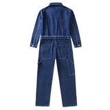 FOESCE  Spring Overalls Men's Denim Jumpsuits Loose Long Sleeve Lapel Solid Color Blue Jeans Hip Hop Pants Fashion Freight Trousers