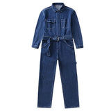 FOESCE  Spring Overalls Men's Denim Jumpsuits Loose Long Sleeve Lapel Solid Color Blue Jeans Hip Hop Pants Fashion Freight Trousers