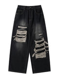 FOESCE 2025 MRNEARLY American High end Perforated Denim Pants for Men's Design Sense Small and Loose Wide Leg Straight Leg Pants hiphop