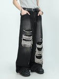 FOESCE 2025 MRNEARLY American High end Perforated Denim Pants for Men's Design Sense Small and Loose Wide Leg Straight Leg Pants hiphop