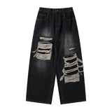 FOESCE 2025 MRNEARLY American High end Perforated Denim Pants for Men's Design Sense Small and Loose Wide Leg Straight Leg Pants hiphop