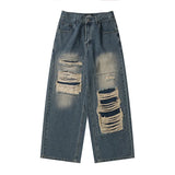 FOESCE 2025 MRNEARLY American High end Perforated Denim Pants for Men's Design Sense Small and Loose Wide Leg Straight Leg Pants hiphop