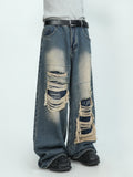 FOESCE 2025 MRNEARLY American High end Perforated Denim Pants for Men's Design Sense Small and Loose Wide Leg Straight Leg Pants hiphop