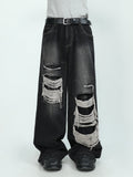 FOESCE 2025 MRNEARLY American High end Perforated Denim Pants for Men's Design Sense Small and Loose Wide Leg Straight Leg Pants hiphop