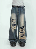 FOESCE 2025 MRNEARLY American High end Perforated Denim Pants for Men's Design Sense Small and Loose Wide Leg Straight Leg Pants hiphop
