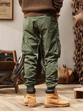 FOESCE 2025 New Autumn Cargo Pants Men Multi-Pockets Washed Cotton Work Wear Cargo Jogger Military Overalls Elastic Waist Male Trousers