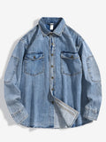 FOESCE 2025 New Denim Cotton Men's Shirt Long Sleeve Black Blue Drop Shoulder Button Pockets Cowboy Loose Casual Work Jeans Shirts