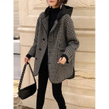 FOESCE 2025 Spring Autumn New Korean Hooded Thousand Bird Plaid Woolen Coat Mid length Loose Fashion Slim Woolen Coat Commuter Plaid