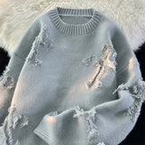 FOESCE 2025 Y2k Streetwear Sweater Men New Retro Hole Fringed Sweater Loose Versatile Knitwear Pullovers Long Sleeve Jumpers Clothing