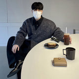 FOESCE 2025 Autumn Men's V-neck Knit Cardigan Jacket Fashion Loose Casual Korean Style Clothing Trend New Male Sweater Coat