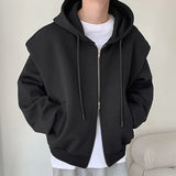 FOESCE 2025 Autumn New Padded Shoulder Design Solid Streetwear Men Double Zip-up Hooded Sweatshirts Harajuku Casual Daily Hoodies