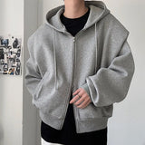 FOESCE 2025 Autumn New Padded Shoulder Design Solid Streetwear Men Double Zip-up Hooded Sweatshirts Harajuku Casual Daily Hoodies