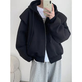 FOESCE 2025 Autumn New Padded Shoulder Design Solid Streetwear Men Double Zip-up Hooded Sweatshirts Harajuku Casual Daily Hoodies