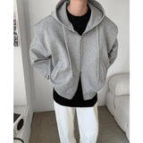 FOESCE 2025 Autumn New Padded Shoulder Design Solid Streetwear Men Double Zip-up Hooded Sweatshirts Harajuku Casual Daily Hoodies