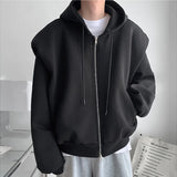 FOESCE 2025 Autumn New Padded Shoulder Design Solid Streetwear Men Double Zip-up Hooded Sweatshirts Harajuku Casual Daily Hoodies