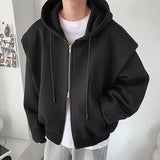 FOESCE 2025 Autumn New Padded Shoulder Design Solid Streetwear Men Double Zip-up Hooded Sweatshirts Harajuku Casual Daily Hoodies