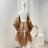 FOESCE 2025 Coffee Brown Color High Quality Halter Asymmetrical Ruched Backless Blouse Tops and Midi Pleats Skirt Sets for Women