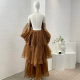 FOESCE 2025 Coffee Brown Color High Quality Halter Asymmetrical Ruched Backless Blouse Tops and Midi Pleats Skirt Sets for Women