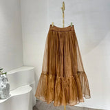 FOESCE 2025 Coffee Brown Color High Quality Halter Asymmetrical Ruched Backless Blouse Tops and Midi Pleats Skirt Sets for Women