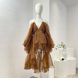 FOESCE 2025 Coffee Brown Color High Quality Halter Asymmetrical Ruched Backless Blouse Tops and Midi Pleats Skirt Sets for Women