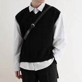 FOESCE 2025 Early Autumn Simple Black V-neck Knitted Sweater Vest for Men Classic Fashion Harajuku Loose Casual All-match Inner Vest