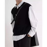FOESCE 2025 Early Autumn Simple Black V-neck Knitted Sweater Vest for Men Classic Fashion Harajuku Loose Casual All-match Inner Vest