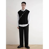 FOESCE 2025 Early Autumn Simple Black V-neck Knitted Sweater Vest for Men Classic Fashion Harajuku Loose Casual All-match Inner Vest