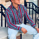 FOESCE 2025 Men's Long Sleeve Western Denim Shirt, Outdoor Casual Party, HD Pattern, Soft and Comfortable Button Lapel T-shir