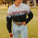 FOESCE 2025 Men's Long Sleeve Western Denim Shirt, Outdoor Casual Party, HD Pattern, Soft and Comfortable Button Lapel T-shir