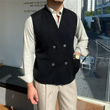 FOESCE 2025 Men's Sleeveless V-neck Knitted Sweater Business Autumn Winter Solid Color Single Breasted Vest Jackets Male Slim Waistcoat