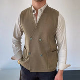 FOESCE 2025 Men's Sleeveless V-neck Knitted Sweater Business Autumn Winter Solid Color Single Breasted Vest Jackets Male Slim Waistcoat