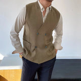 FOESCE 2025 Men's Sleeveless V-neck Knitted Sweater Business Autumn Winter Solid Color Single Breasted Vest Jackets Male Slim Waistcoat