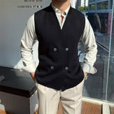 FOESCE 2025 Men's Sleeveless V-neck Knitted Sweater Business Autumn Winter Solid Color Single Breasted Vest Jackets Male Slim Waistcoat