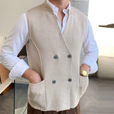 FOESCE 2025 Men's Sleeveless V-neck Knitted Sweater Business Autumn Winter Solid Color Single Breasted Vest Jackets Male Slim Waistcoat