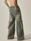 FOESCE 2025 New High Street Summer Retro Washed Straight Tube Workwear Jeans Pockets for Men and Women Casual Loose American Pants y2k