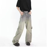 FOESCE 2025 New Hip Hop Wide Leg Jeans For Men Washed Distressed Baggy Denim Trousers High Street Deconstruction Cargo Jean Y2K Pants