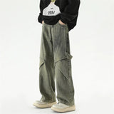 FOESCE 2025 New Hip Hop Wide Leg Jeans For Men Washed Distressed Baggy Denim Trousers High Street Deconstruction Cargo Jean Y2K Pants