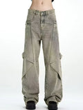 FOESCE 2025 New Hip Hop Wide Leg Jeans For Men Washed Distressed Baggy Denim Trousers High Street Deconstruction Cargo Jean Y2K Pants