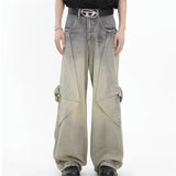 FOESCE 2025 New Hip Hop Wide Leg Jeans For Men Washed Distressed Baggy Denim Trousers High Street Deconstruction Cargo Jean Y2K Pants