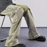FOESCE 2025 New Hip Hop Wide Leg Jeans For Men Washed Distressed Baggy Denim Trousers High Street Deconstruction Cargo Jean Y2K Pants