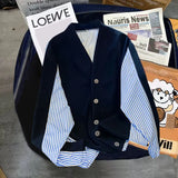 FOESCE 2024 New Spring and Autumn Trendy Brand Design with Contrast Stripe Knitted Cardigan Loose and Casual Oversize Thin Coat