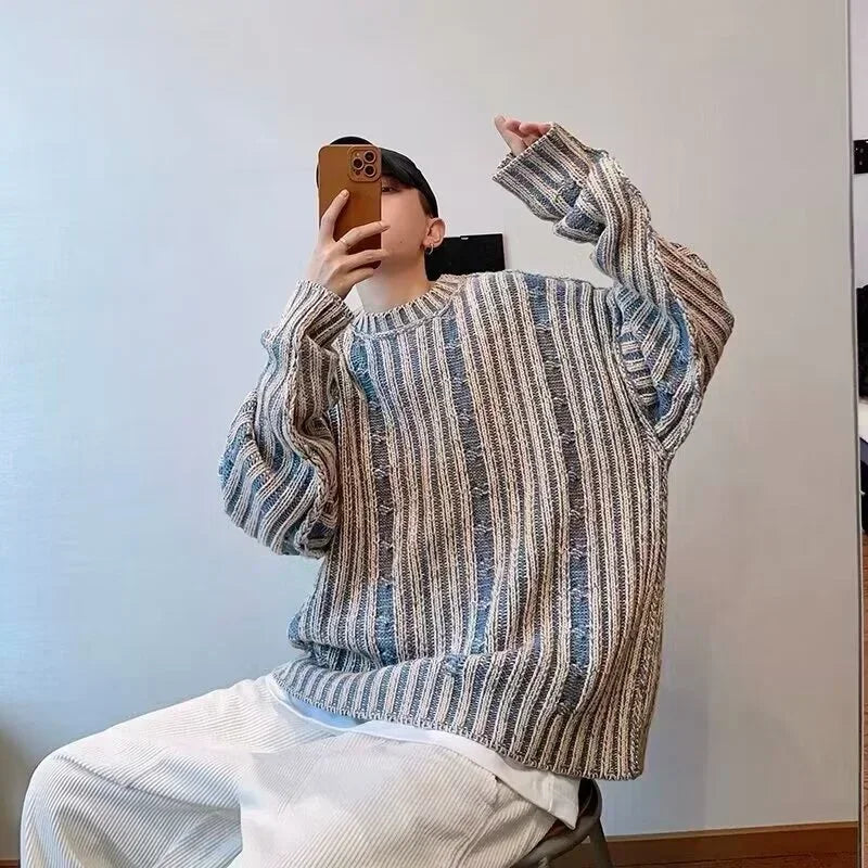 FOESCE 2025 New Striped Knitted Sweater Men's Korean Fashion Streetwear Pullovers Knitwear Autumn Y2K Vintage Patchwork Jersey Hombre