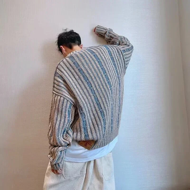 FOESCE 2025 New Striped Knitted Sweater Men's Korean Fashion Streetwear Pullovers Knitwear Autumn Y2K Vintage Patchwork Jersey Hombre
