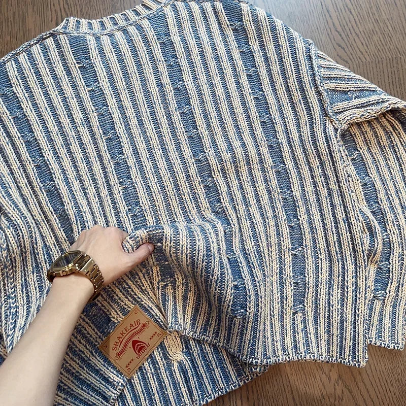 FOESCE 2025 New Striped Knitted Sweater Men's Korean Fashion Streetwear Pullovers Knitwear Autumn Y2K Vintage Patchwork Jersey Hombre