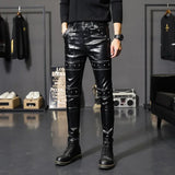 FOESCE 2025 New Winter Spring Mens Skinny Biker Leather Pants Fashion Faux Leather Motorcycle Trousers for Male Trouser Stage Club Wear