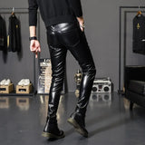FOESCE 2025 New Winter Spring Mens Skinny Biker Leather Pants Fashion Faux Leather Motorcycle Trousers for Male Trouser Stage Club Wear