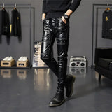 FOESCE 2025 New Winter Spring Mens Skinny Biker Leather Pants Fashion Faux Leather Motorcycle Trousers for Male Trouser Stage Club Wear