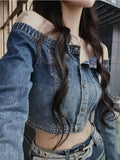 FOESCE 2025 Ropa Mujer Harajuku Fashion Casual Outwear Streetwear Y2k Jackets for Women Vintage Long Sleeve Slash Neck Denim Coat Tops