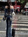 FOESCE 2025 Ropa Mujer Harajuku Fashion Casual Outwear Streetwear Y2k Jackets for Women Vintage Long Sleeve Slash Neck Denim Coat Tops