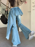 FOESCE 2025 Ropa Y2K Fashion Ribbon Washed Blue Slim Stacked Flare Jeans Pants For Women Designer Clothes Gothic Lady Denim Trousers